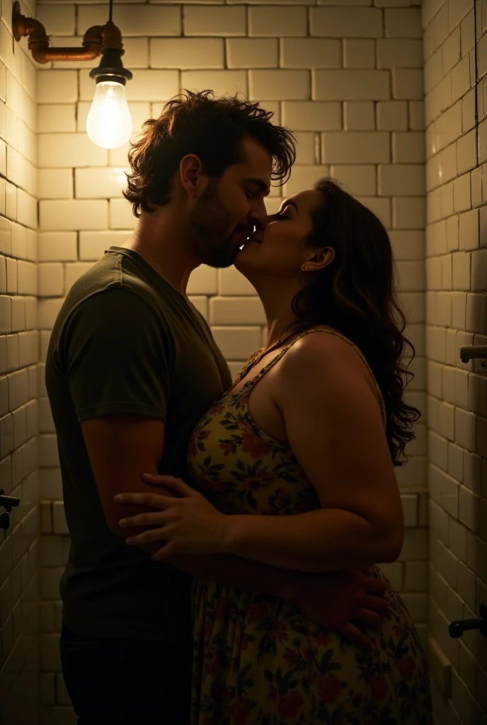 man kissing a very fat woman in a dark bathroom