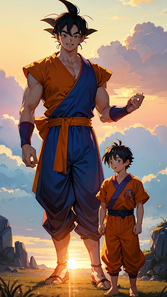 Goku and his son Gohan in a training scene, Goku placing a supportive hand on Gohan’s shoulder. The background shows a quiet, open field with the sun setting. Gohan is looking up at Goku, who is smiling encouragingly, illustrating the bond between father and son and the passing of wisdom.