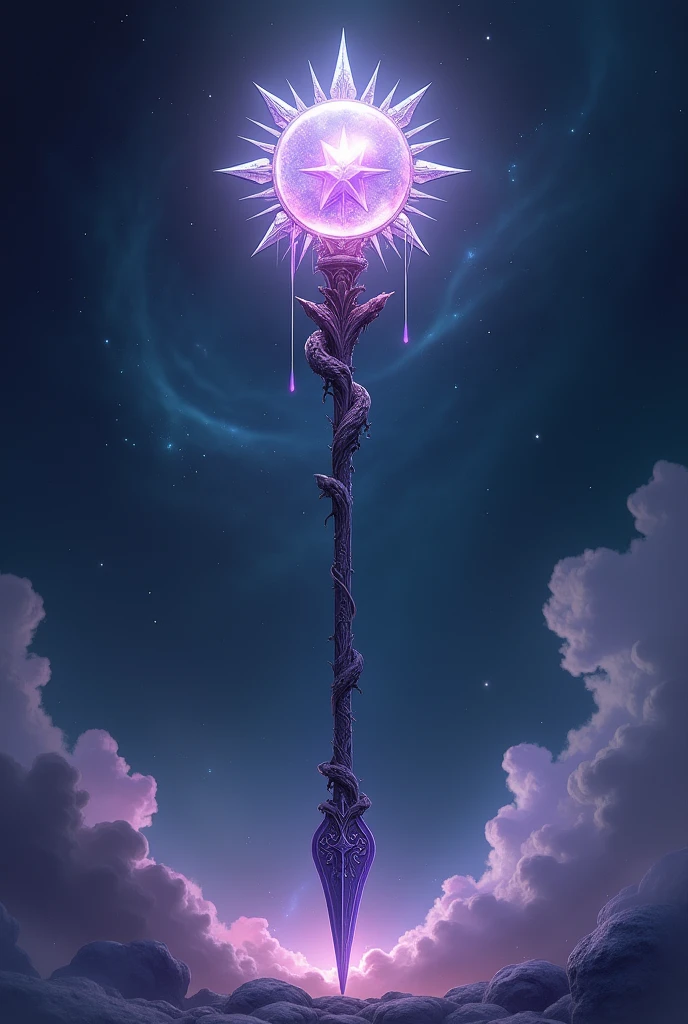 A staff with a star inside and spikes on the outside that resemble the sun. Additionally, the bottom of the staff incorporates a sharp spear, and it's white and purple.
( no human)