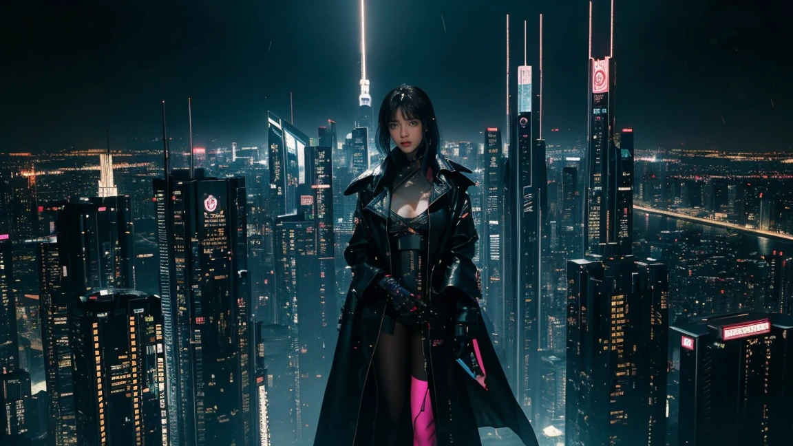 Living in a decadent world of the near future、、Cyberpunk Fashion、blade runner worldview、Asian Skyscrapers、''（（it's raining）、fog、（Realistic depiction）、Beautiful woman looking up at the sky from the ground