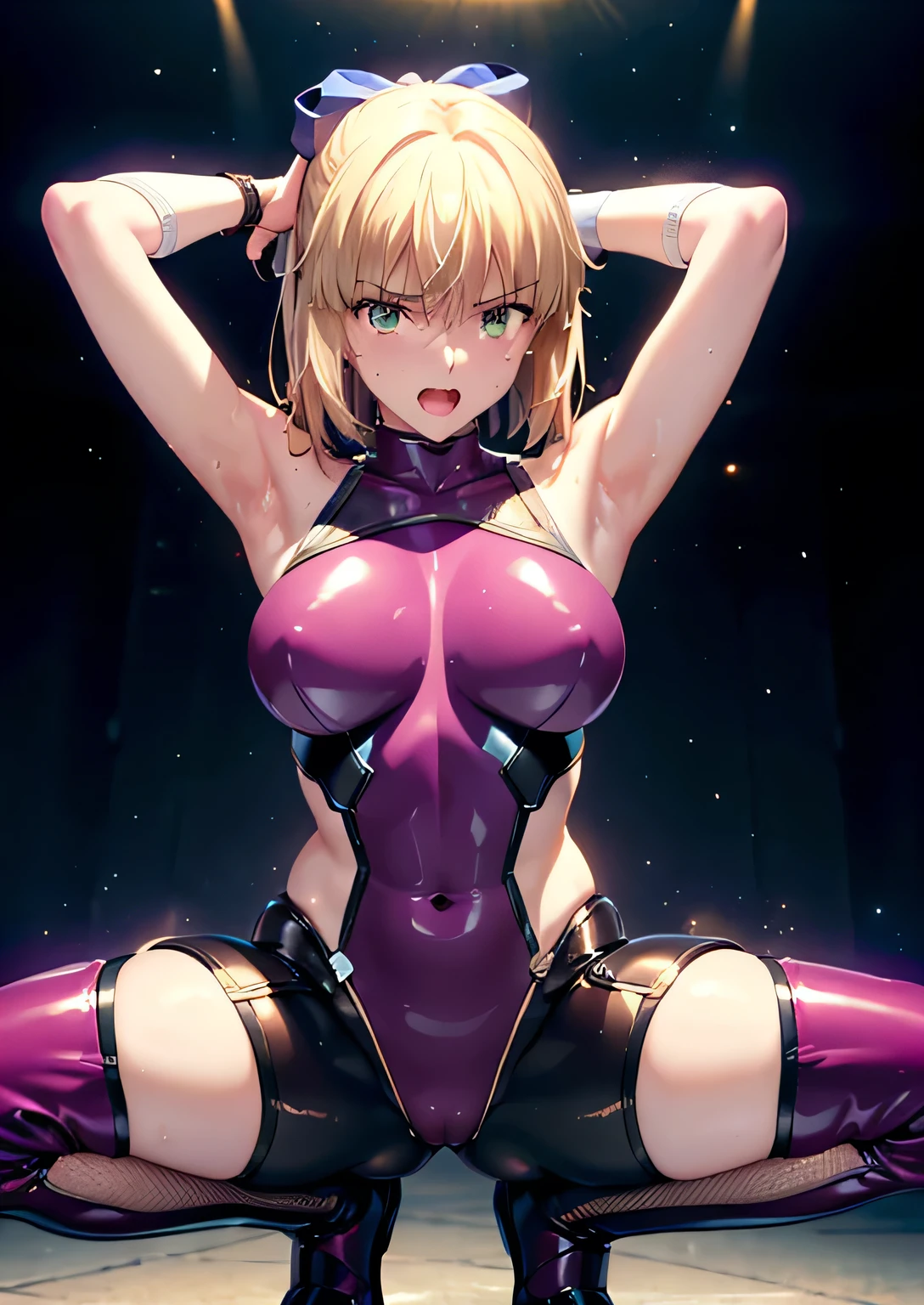 masterpiece, beautiful detail, beautiful light and shadow,Beautiful Anime Woman, Beautiful art style, Anime characters,1girl, ((((solo)))),saber,blonde hair, short hair, hair ribbon,y Hard Body, taimanin bodysuit,pink bodysuit, arms up in the air, hands behind head,pov, squatting, night club background, spotlights on ceiling, smile, dynamic pose, open mouth, heavy breathing, sweat, lotion, latex, close-up