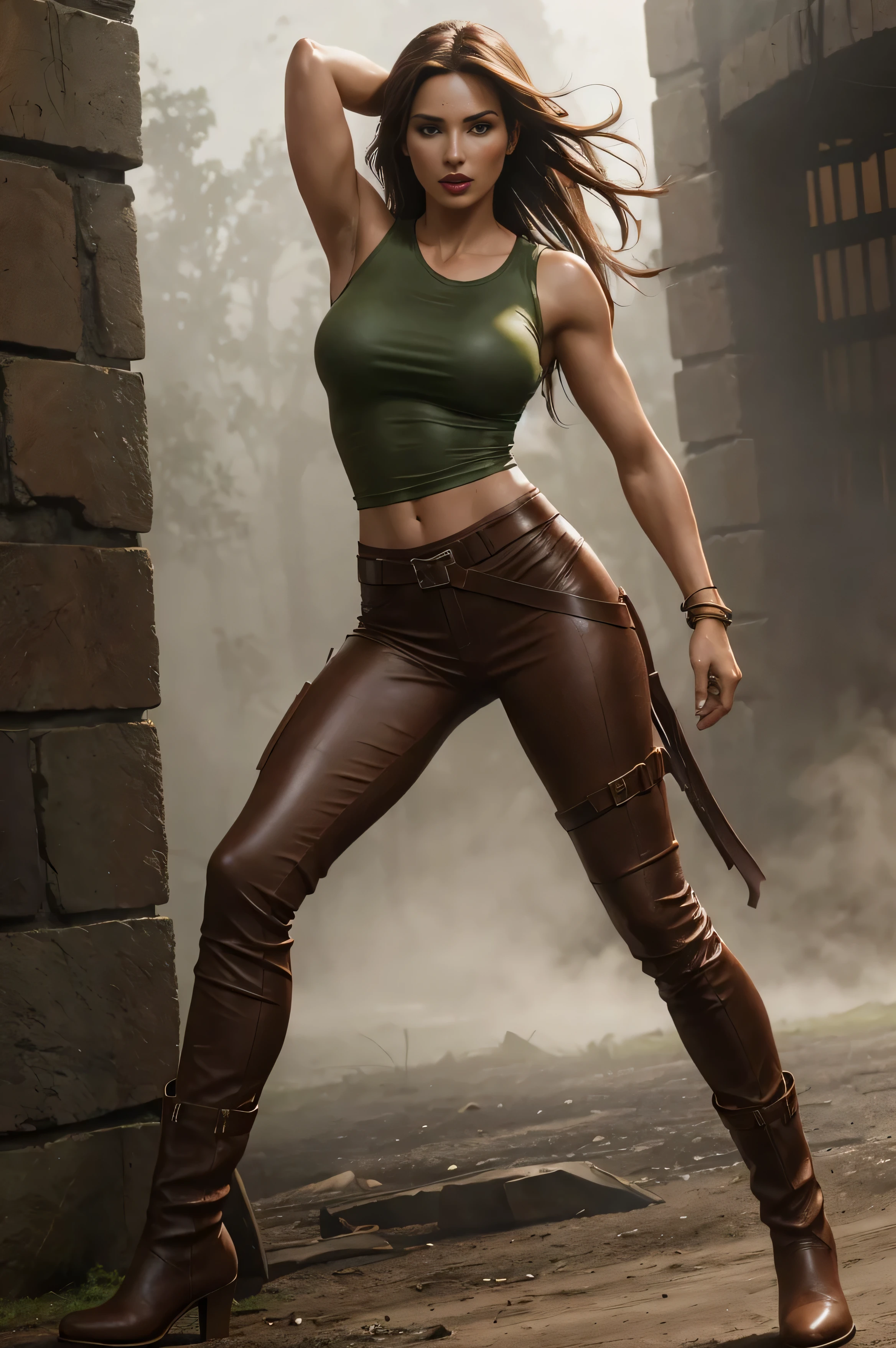 full length sexy beauty Lara Croft, slim, tall, brown long hair, brown eyes, red lips, athletic slim figure, large breat, muscle, brown leather pants, green leather t-shirt, leather boots, run, background, mist, fog, blurred shadows, photorealistic