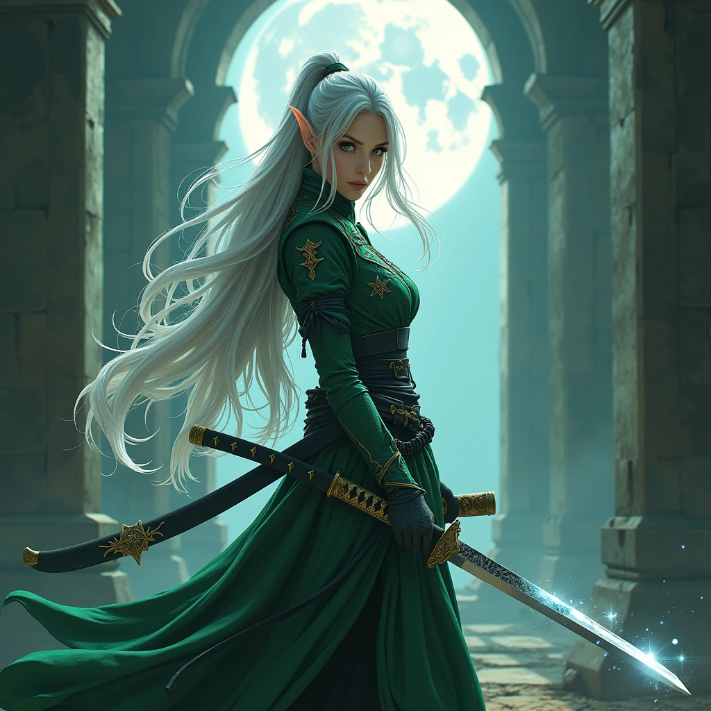 a elf woman with two sword, Katana Zero video game character, female protagonist Official character illustrations, female assassin, dramatic katana pose, Knights, female anime character, katanas strapped to her back, samurai, 2b, unsheathing her katana, Female action anime girl, whitcher