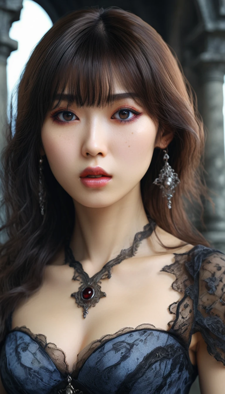 A highly detailed photorealistic image, a close up of a beautiful Japanese woman, long hair with bangs, dreamy gothic girl, gothic make-up, she is a vampire, beautiful face, detailed face, elegant render, full body photo, mistress, photoshop render, a bit bluish cinematic lighting, ebony rococo, elegant girl, female spy, haunting beautiful woman, detailed face, extravagant dress, busty cleavage, very feminine, old run down gothic cemetery in the background, dark atmosphere, ambient dust,