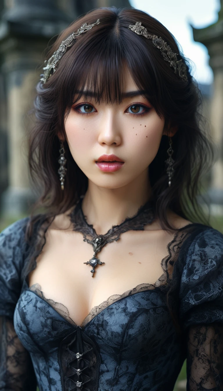 A highly detailed photorealistic image, a close up of a beautiful Japanese woman, long hair with bangs, dreamy gothic girl, gothic make-up, she is a vampire, beautiful face, detailed face, elegant render, full body photo, mistress, photoshop render, a bit bluish cinematic lighting, ebony rococo, elegant girl, female spy, haunting beautiful woman, detailed face, extravagant dress, busty cleavage, very feminine, old run down gothic cemetery in the  background, dark atmosphere, ambient dust, 