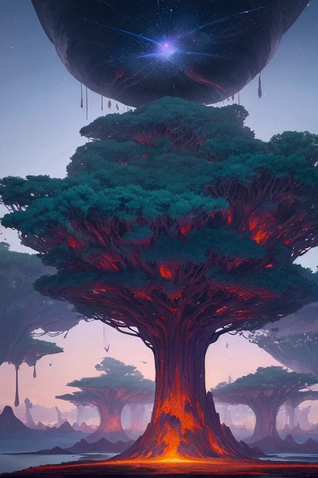Imagine a surreal landscape where the sky is an endless canvas of shifting colors—vibrant purples, deep blues, and fiery oranges blending together in a mesmerizing dance. In the distance, towering crystalline structures rise from the ground, their surfaces reflecting the ever-changing hues of the sky. The ground is covered in a soft, glowing moss that emits a gentle light, casting long shadows as it sways in a nonexistent breeze. Floating islands, each with its own miniature ecosystem, drift lazily in the air, connected by delicate bridges of light that pulse with energy. In the center of this otherworldly scene, a massive, transparent orb hovers, containing a swirling galaxy of stars and nebulae, its light casting an ethereal glow over the entire landscape. The air is filled with a faint, melodic hum, as if the very fabric of reality is singing
