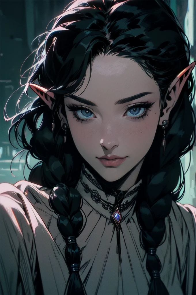 { - anatomy error}(Masterpiece - Ultra-detailed, very high resolution)moonlight, hyper-realistic of a mysterious woman with flowing black hair, Small braids in hair, light blue star on forehead, ears of elf, piercing opal eyes, delicate smile, upper body,
