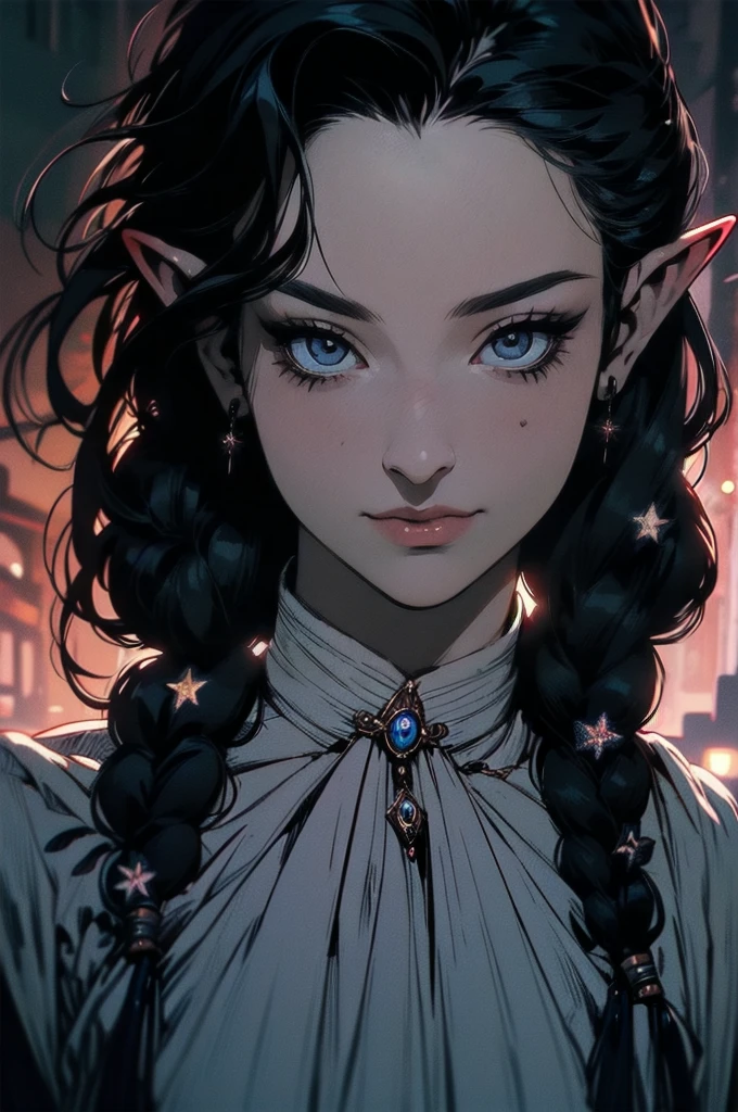 { - anatomy error}(Masterpiece - Ultra-detailed, very high resolution)moonlight, hyper-realistic of a mysterious woman with flowing black hair, Small braids in hair, light blue star on forehead, ears of elf, piercing opal eyes, delicate smile, upper body, 