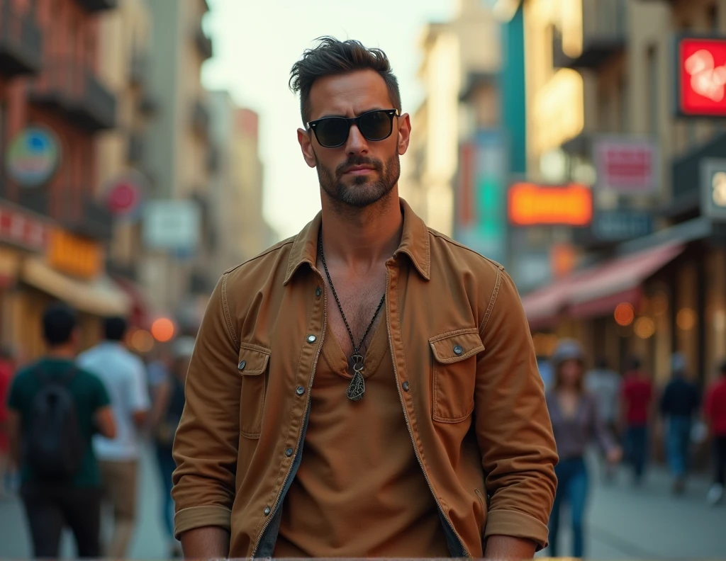 4o year old  men Wearing modern meta rayban wayfarer black Glasses with dark brun lens, full body, by Alena Aenami, dcinemaric youtuber composition, cinematic dynamic action scene, vibrant colors, cinematic lighting, dramatic lighting, best quality, masterpiece, very aesthetic, perfect composition, intricate details, ultra-detailed