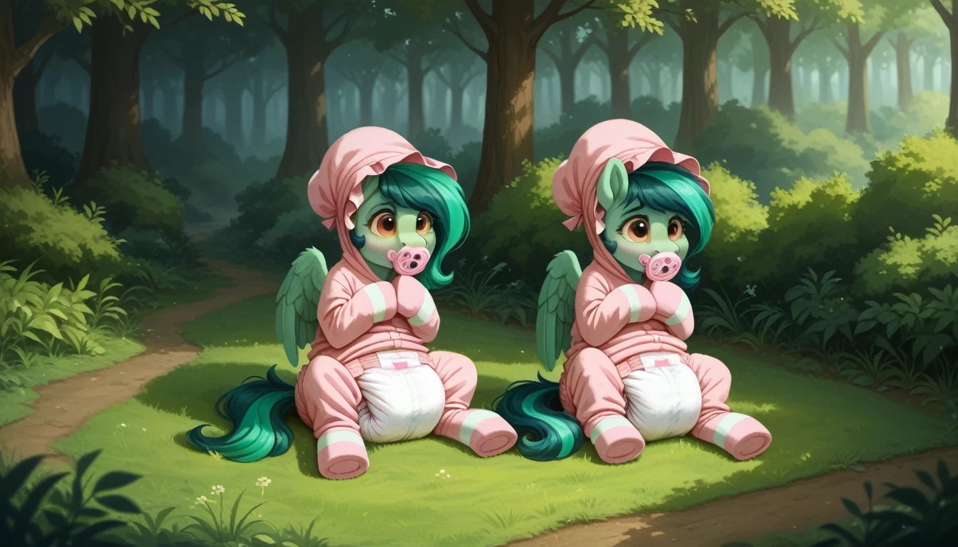 pony, Pegasus, adult mare, emerald green fur, a lush mane, gathered into an adult size bonnet, bushy tail, sitting outside, wearing an adult-sized onesie and booties, pacifier in mouth, solo, thick diaper under clothes, bulge on the back of the diaper, between the hind hooves and on the front of the diaper, saggy diaper, pink blush on cheeks, Embarrassment, Awkwardness.