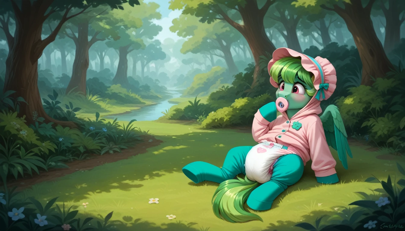 pony, Pegasus, adult mare, emerald green fur, a lush mane, gathered into an adult size bonnet, bushy tail, sitting outside, wearing an adult-sized onesie and booties, pacifier in mouth, solo, thick diaper under clothes, bulge on the back of the diaper, between the hind hooves and on the front of the diaper, saggy diaper, pink blush on cheeks, Embarrassment, Awkwardness.