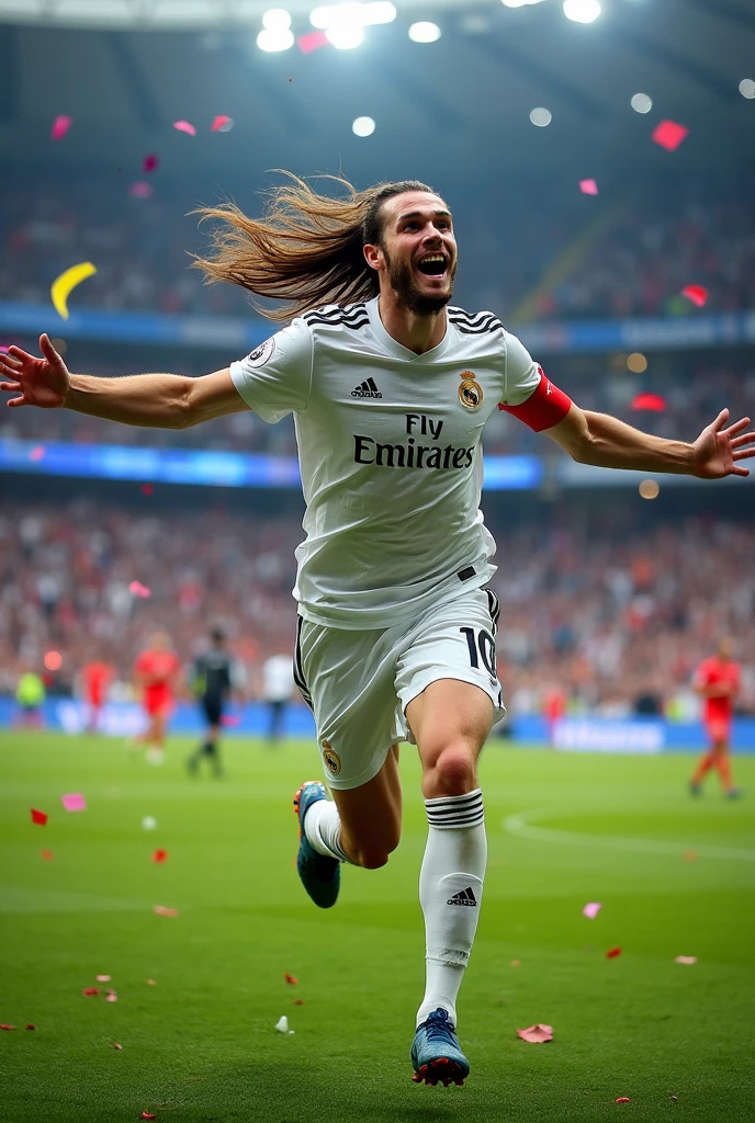 an image of Gareth Bale running with his arms outstretched and his long hair and red captain&#39;s armband celebrating after scoring in the 2018 ucl final
