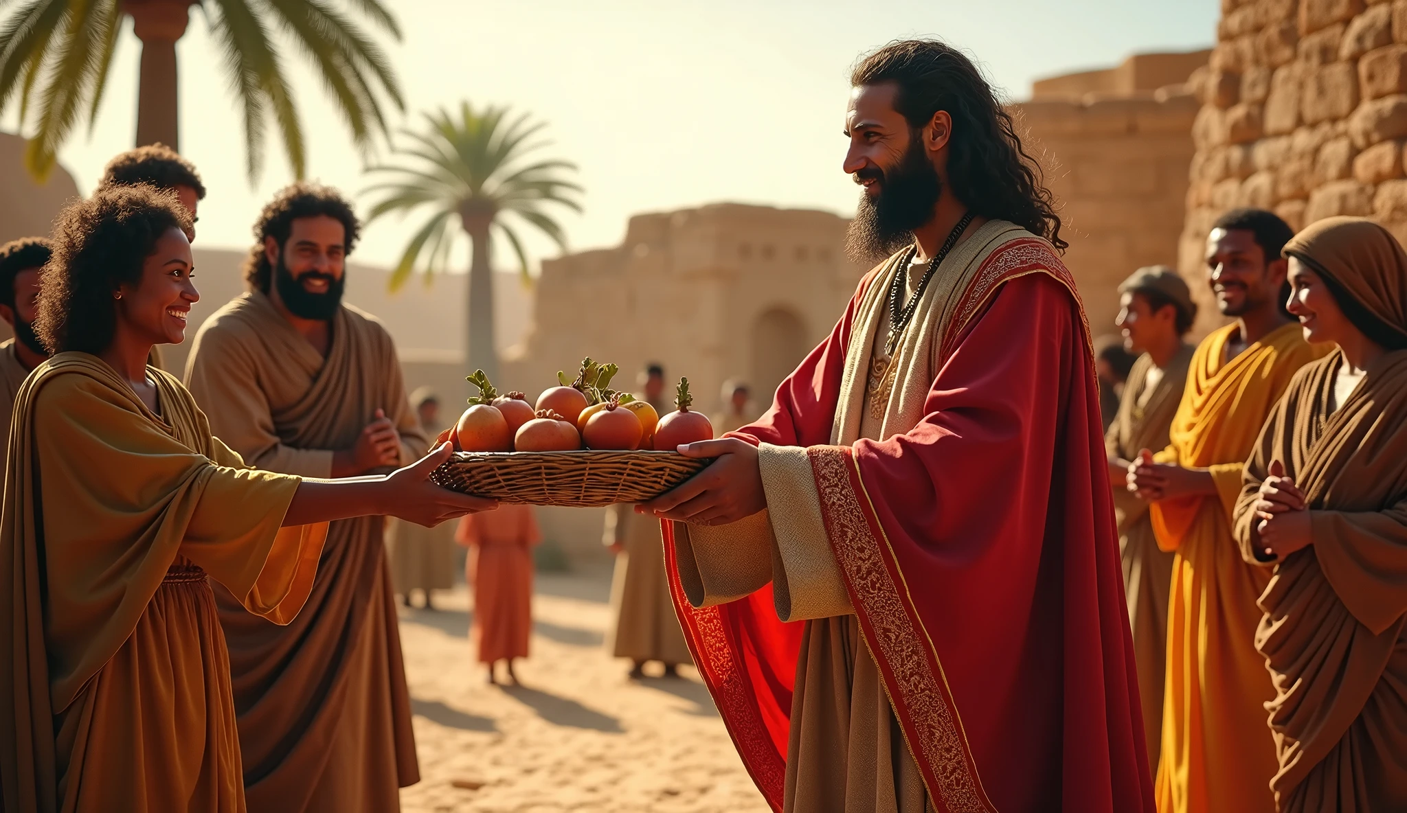 Create an image of Solomon in a community setting, surrounded by people wearing typical costumes from the biblical era, like long robes, colorful cloaks, and strips of fine fabric. Solomon is in the center, offering food and resources to the inhabitants, while people around them reciprocate with gestures of gratitude and simple gifts, like fruit baskets or water jugs. The scene should show a prosperous village, with stone constructions, palmtrees, and children playing in the background, emphasizing the support network that generosity builds. Solomon's expression should reflect wisdom and contentment, with the golden sunlight illuminating the scene to create a welcoming and harmonious environment.