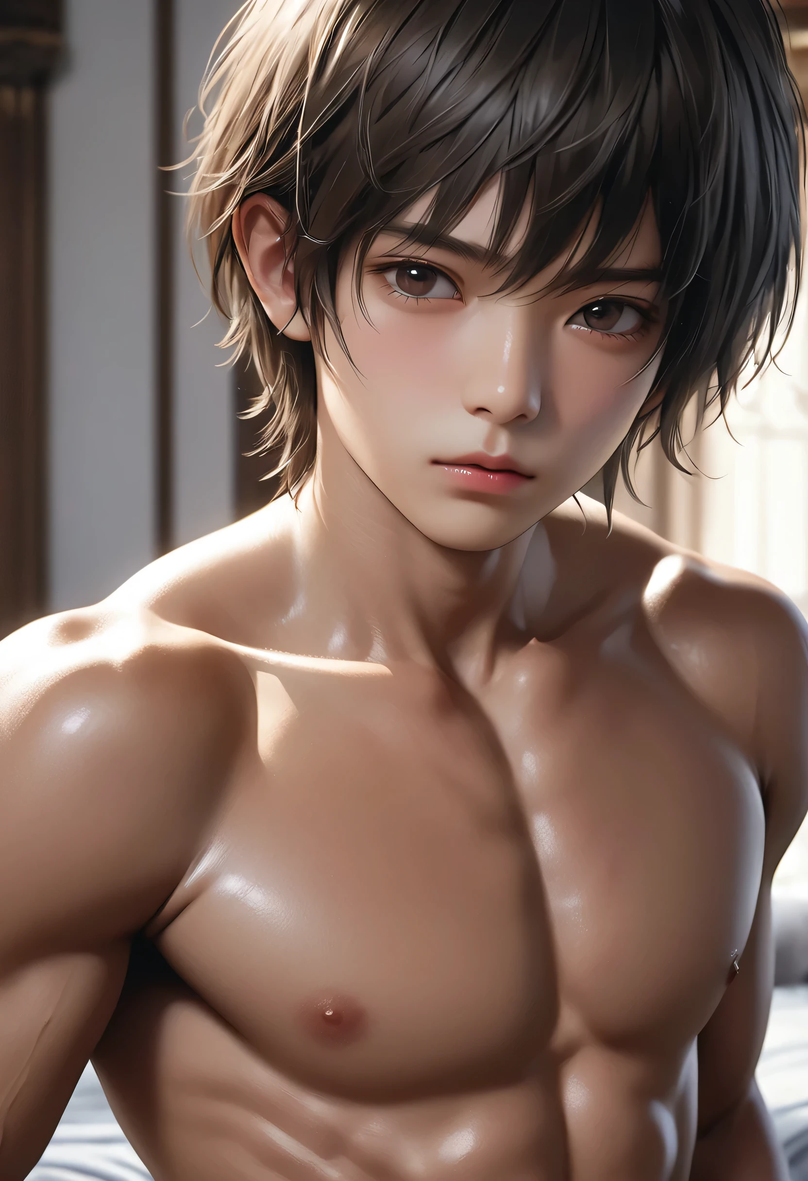 high quality, detailed, Photorealistic,( Tanned Japanese boy), (detailed black eyes), (Black short hair),(Abdominal muscles),(Tanned dark brown shiny skin:1.4), Flat Chest, Black small T-back,(detailed nipples), Palace Bedroom, (最high quality,4K,8k,High resolution,masterpiece:1.2), (Face close-up:0.8),(Realistic,photoRealistic,photo-Realistic:1.37),