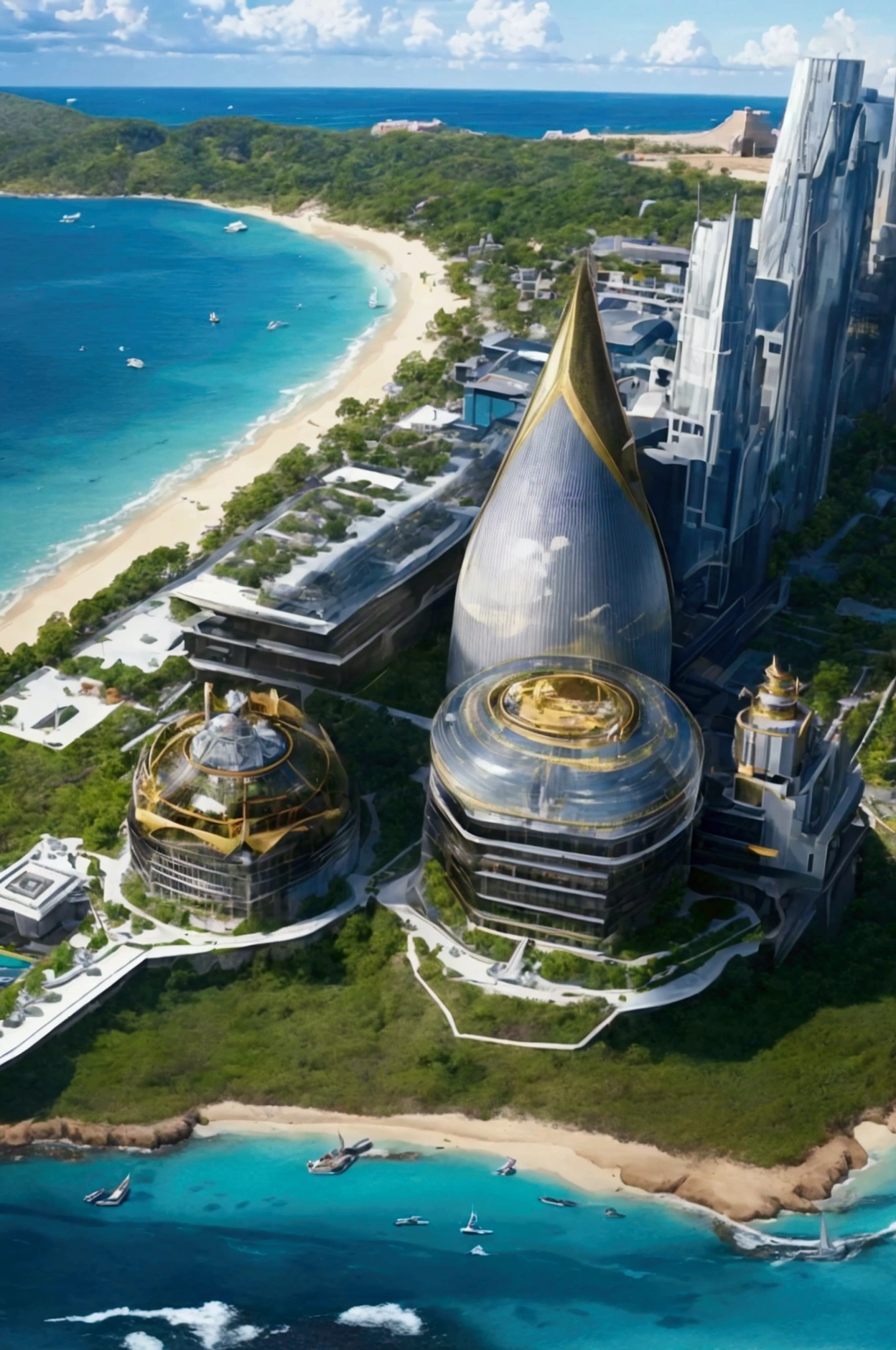 "An aerial view of the Zalvediuse academy, a futuristic, black and gold complex, set on a private island. The central building, a gleaming beacon of power and prestige, is surrounded by sectors: a luxurious dormitory to the east, a bustling city to the west, a tourist paradise to the north, and opulent mansions to the south. The island is accessible only by helicopter, a testament to its exclusivity."
