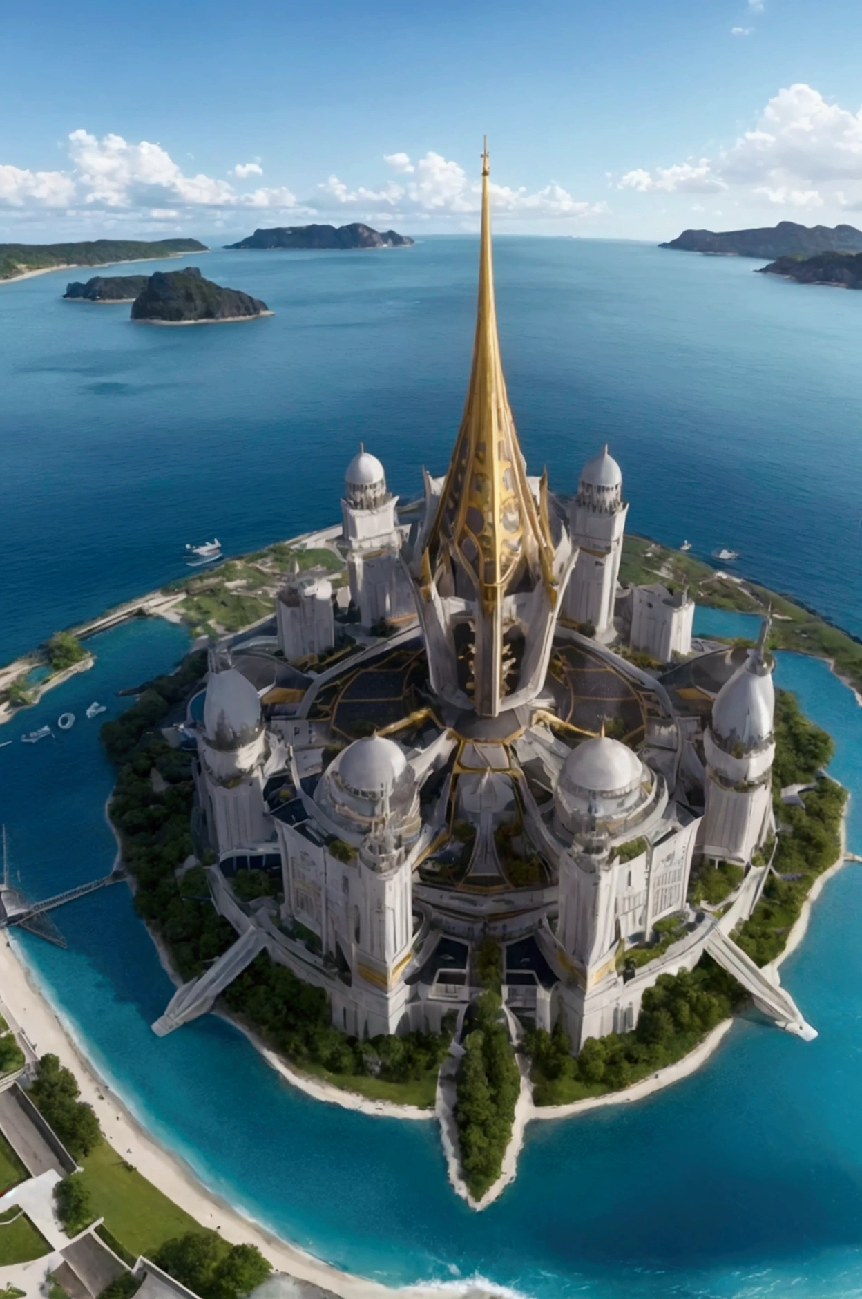"An aerial view of the Zalvediuse academy, a futuristic, black and gold complex, set on a private island. The central building, a gleaming beacon of power and prestige, is surrounded by sectors: a luxurious dormitory to the east, a bustling city to the west, a tourist paradise to the north, and opulent mansions to the south. The island is accessible only by helicopter, a testament to its exclusivity."