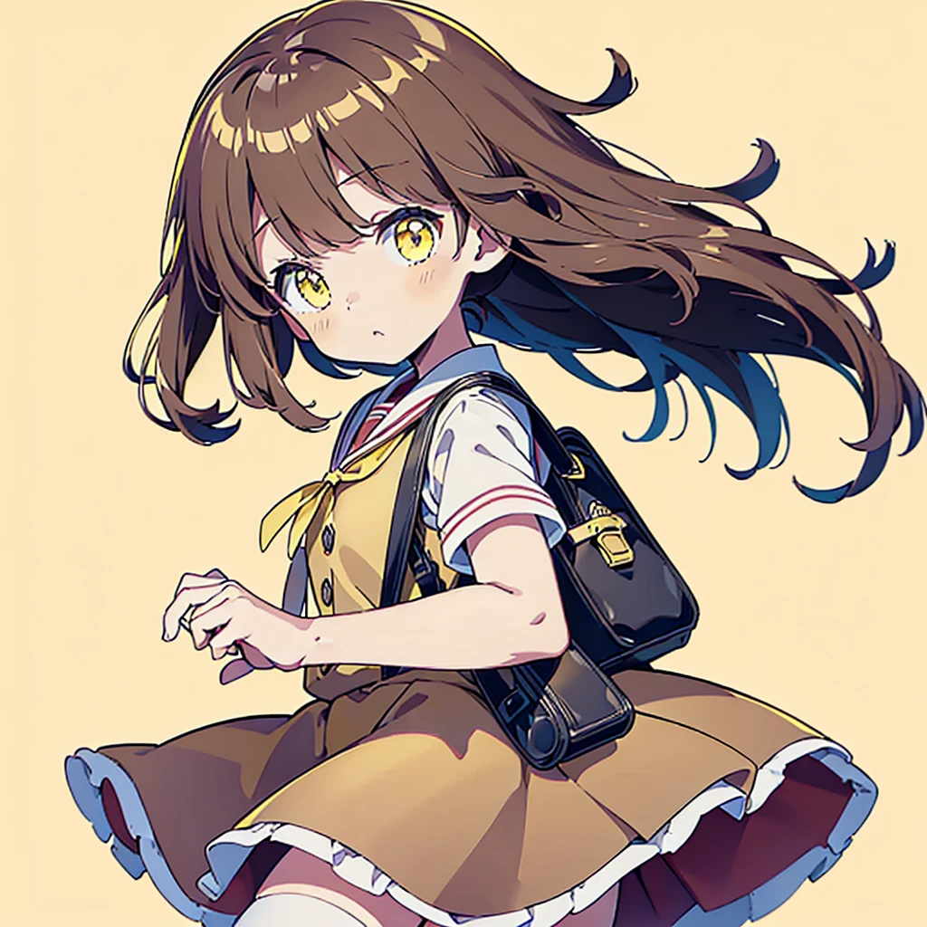 1girl,(((Perfect Anatomy、Highest quality、Masterpiece、Official Art、Super detailed、Dynamic structure、Anime Style)))、Elementary school students、Redワンピースで腰回りに黄色の大き目のボタン、White Y-shirt、Red🎀、White knee-high socks、Brown Loafers、Carrying a red backpack、Recorder is visible from the school bag、Being buffeted by strong winds、Image from above、Strong wind blowing from the viewer's side、Strong wind blowing from the direction of travel, hair blowing back、((Yellow simple background:1.5))、