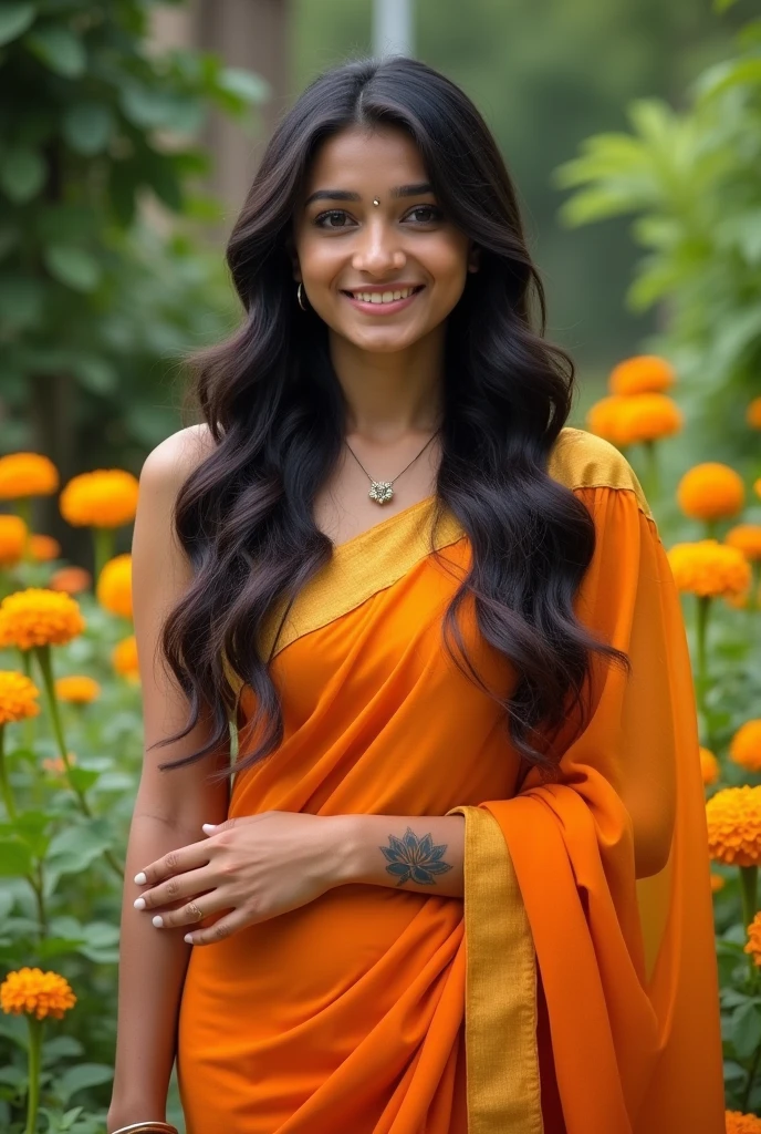 Generate an Indian beautiful girl.
She stands at about 5'6" with a fit and toned physique, thanks to her regular yoga practice and healthy diet. Her long, dark hair cascades down her back like a waterfall, with subtle waves that add to her natural beauty. Her bright, expressive brown eyes sparkle with kindness and intelligence, framed by thick eyelashes that add to their allure.
Her smile is radiant, with perfectly aligned teeth that light up her entire face. Her skin has a warm, golden glow, a result of her love for outdoor activities and a healthy lifestyle.
She has a small nose ring and a delicate tattoo of a lotus flower on her wrist, symbolizing her spiritual growth and connection to her roots.
She exudes confidence and grace, with a gentle humility that makes her even more beautiful. Her style is elegant and understated, often dressed in traditional Indian attire that accentuates her beauty.