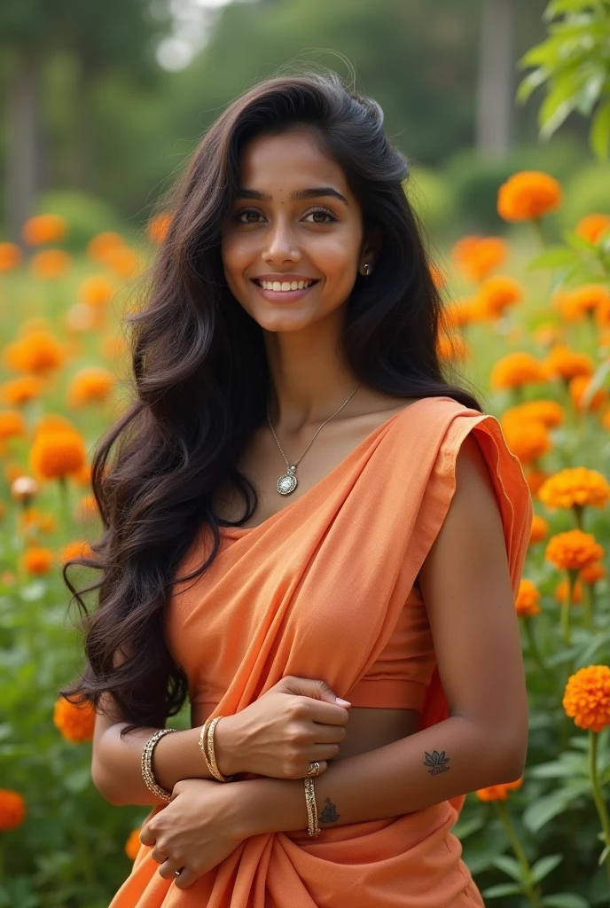 Generate an Indian beautiful girl.
She stands at about 5'6" with a fit and toned physique, thanks to her regular yoga practice and healthy diet. Her long, dark hair cascades down her back like a waterfall, with subtle waves that add to her natural beauty. Her bright, expressive brown eyes sparkle with kindness and intelligence, framed by thick eyelashes that add to their allure.
Her smile is radiant, with perfectly aligned teeth that light up her entire face. Her skin has a warm, golden glow, a result of her love for outdoor activities and a healthy lifestyle.
She has a small nose ring and a delicate tattoo of a lotus flower on her wrist, symbolizing her spiritual growth and connection to her roots.
She exudes confidence and grace, with a gentle humility that makes her even more beautiful. Her style is elegant and understated, often dressed in traditional Indian attire that accentuates her beauty.