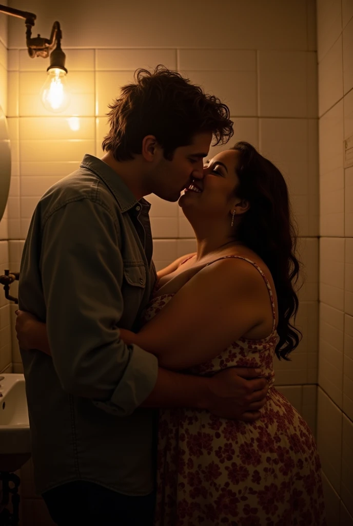 man kissing a very fat woman in a dark bathroom