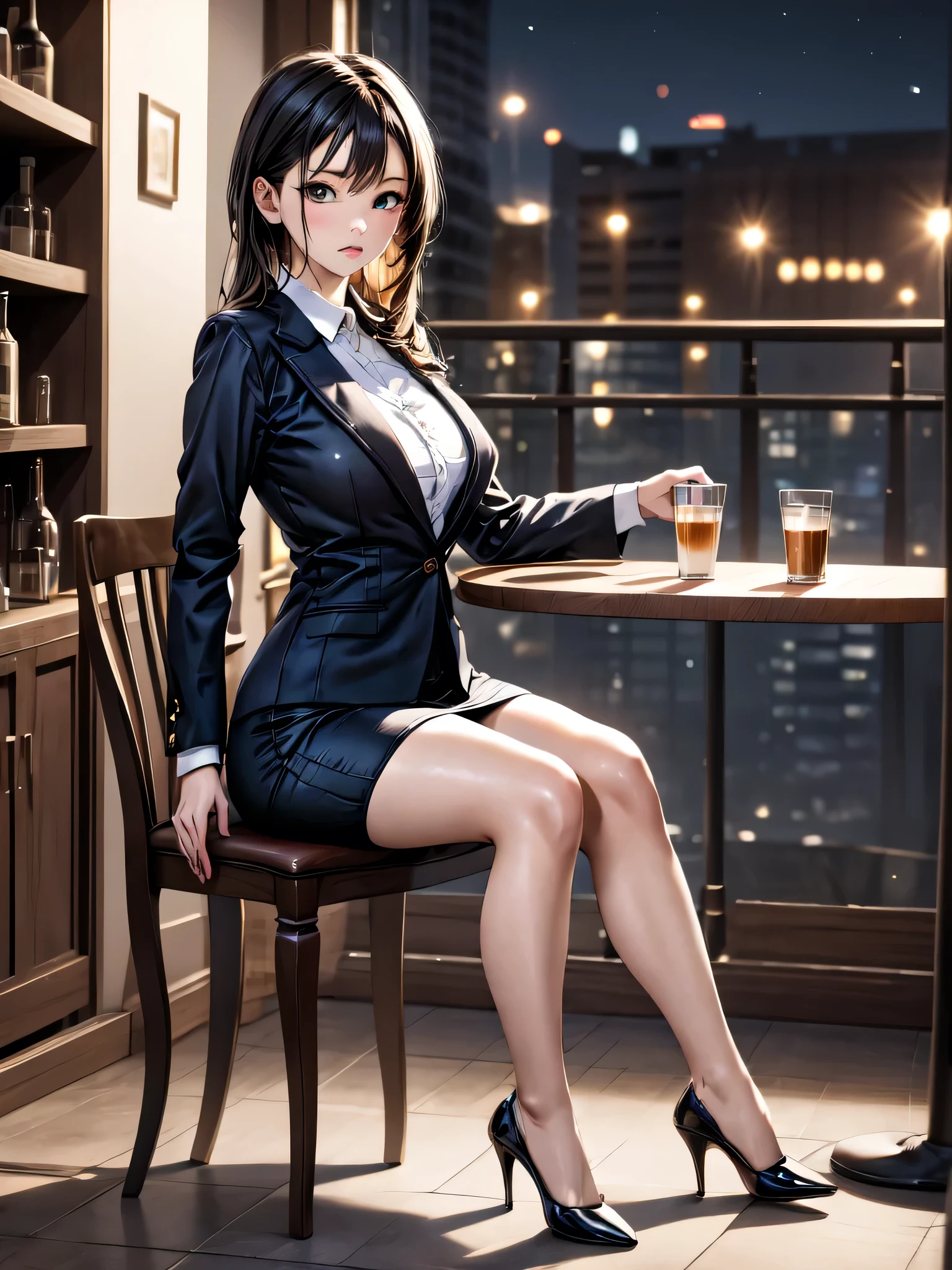 (masterpiece, best quality, highest quality, Masterpiece, 8k:1.5),((Full Body Shot,Including face)), 1girl, ((Focus on the face,Symmetrical facial features)), Beautiful woman, (slender), ((High heels)), Detailed depiction of the face, Cafe,bar, (skirt, suit, OL, Sit on a chair:1.5), Woman sitting at a desk drinking coffee, profile, Inside the store at night, Spotlight