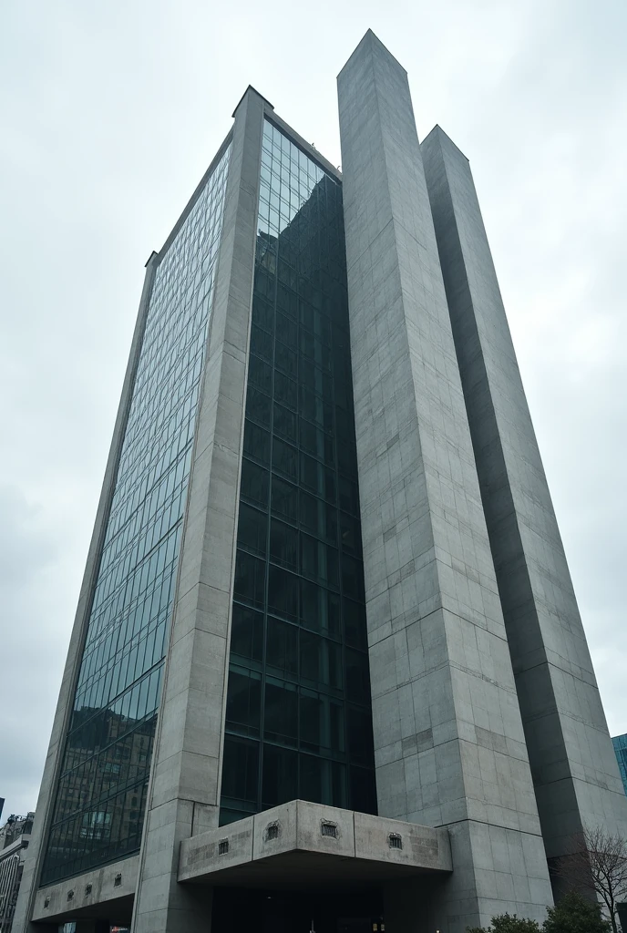 Photorealistic brutalism building shape with concrete and glass on its facade. Looks strong and powerfull
