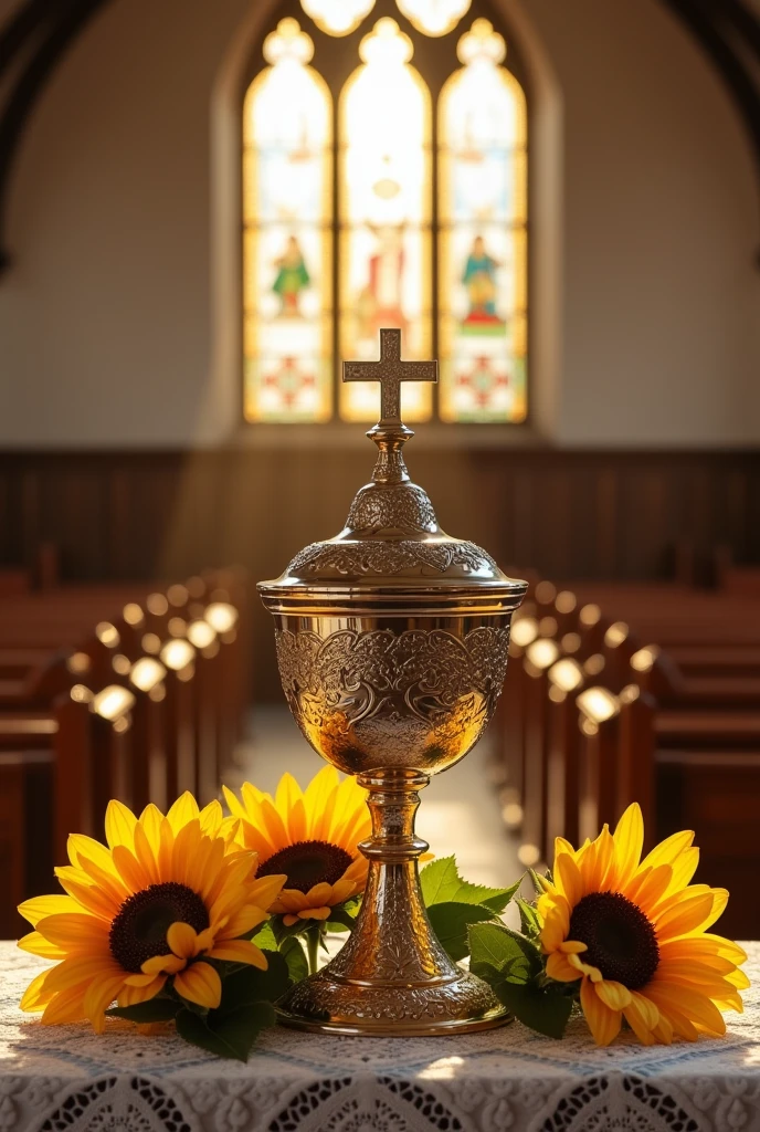 Ciborium and chalice with communion kept in the altar in a church decorated by sunflowers