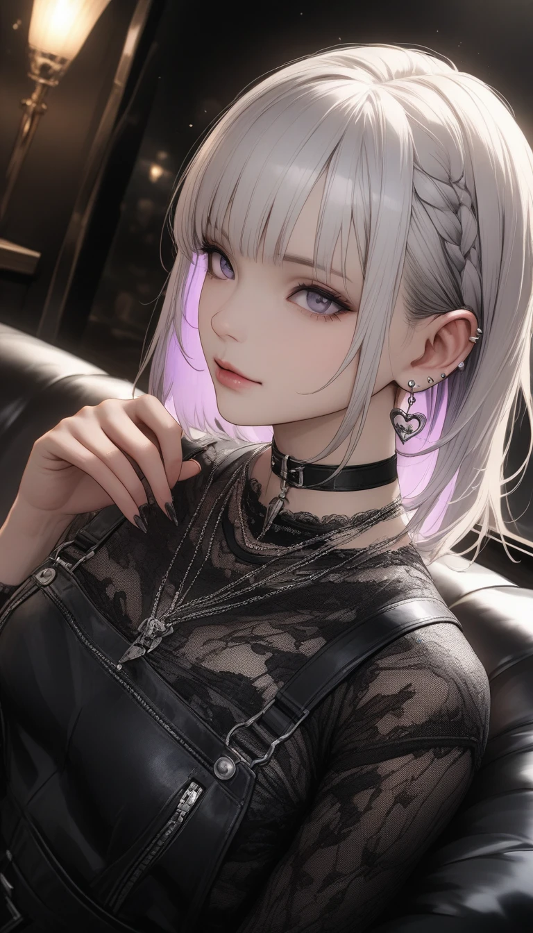 , ((She has silver earrings in her ears... Black choker、Sexy punk fashion with a black base、Too much exposure))、(white hair color、Light purple inner color hairstyle、Hair expressed with a delicate touch), Beautiful Hair, Facial Contour, Remember, Luxury Lounge、Sitting on the couch, splash, Lens flare、moonlight、illumination、Natural Color, High resolution, Very delicate, Very detailed, 8k,(Her breast size is about a B cup)、Shyness,((Sexual)),((Sexy feeling)),lower angle、Overall angle of view, rtrophto1, (Perfect hands, Perfect Anatomy),Realistic skin texture