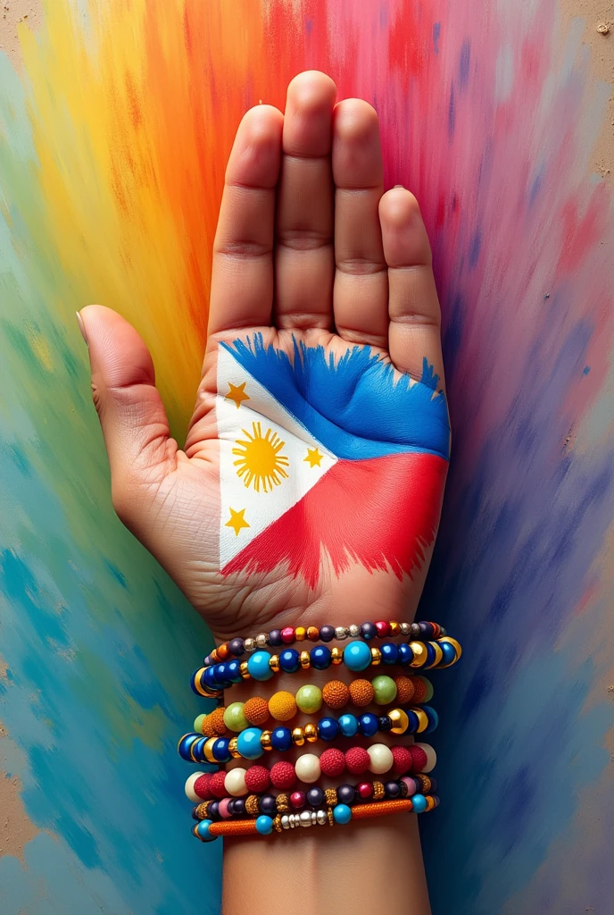 Philippines flag palm hand drawing rainbow background  with beads braclets and massage
