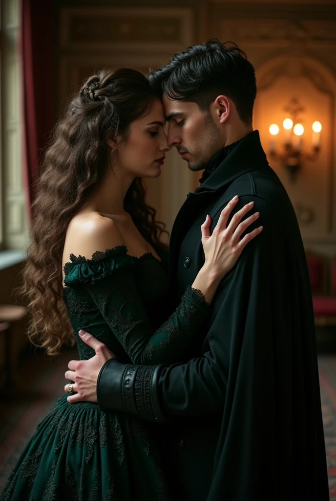 A Victorian couple, elegant, dark, vampire, holding each other, dark aesthetic, vampire aesthetic, book cover aesthetic, kings close, book, 1721
Woman: long hair, curly, brown hair, not much volume, english, Anthrazit dress, elegant, 23,
Guy: black hair, short hair, black clothing, Nobility, 24, masculine features, sharp jawline, green eyes, Welsh, whiskey, hot