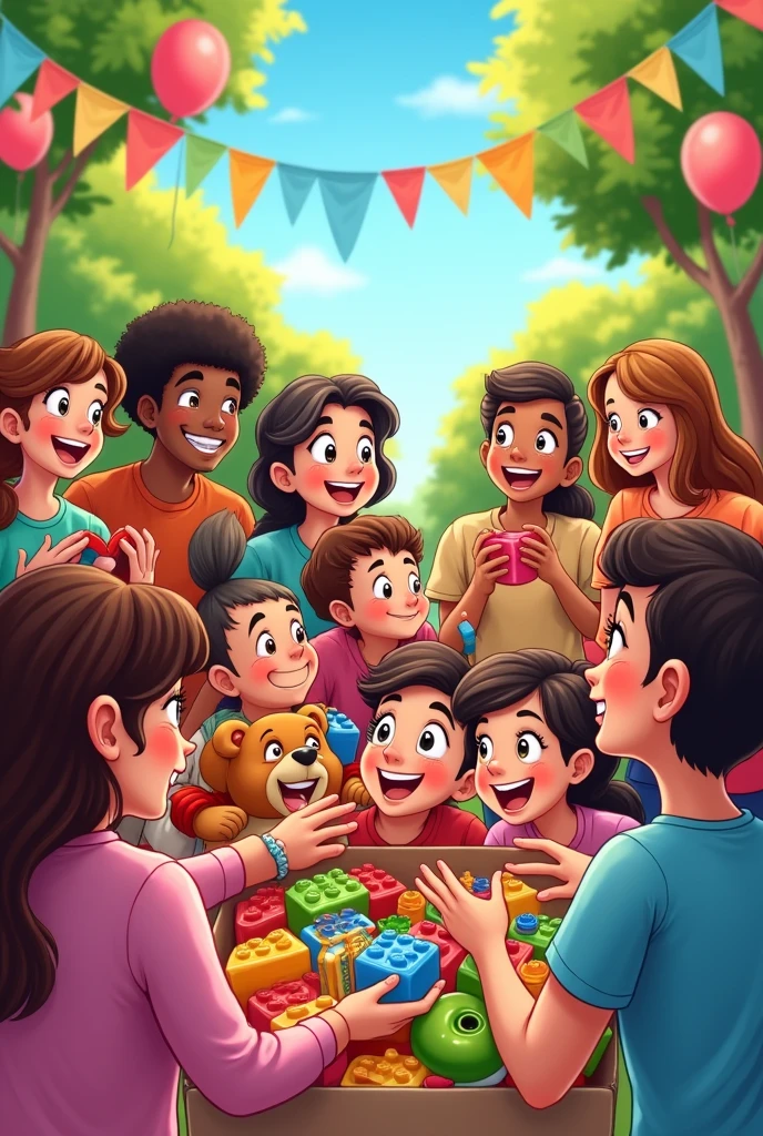 make a cartoon drawing of children receiving toy donations from adults
