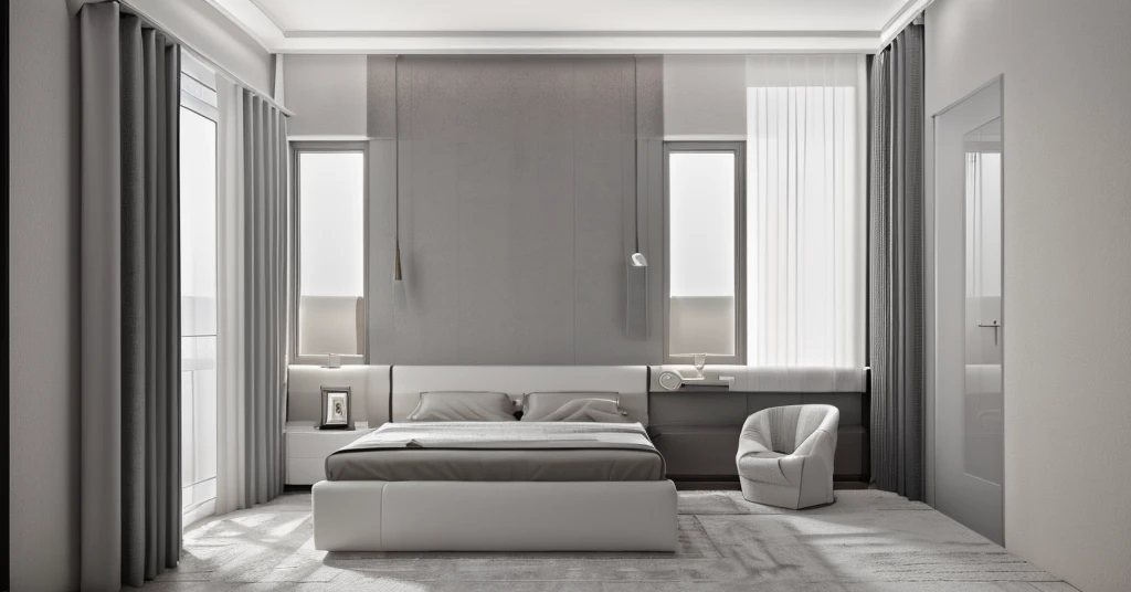 Modern bedroom interior, sleek design, (two windows with curtains at the head of the bed:1.5), (color scheme: grey and white:1.5), minimalist furniture, clean lines, contemporary décor, natural light, cozy ambiance, soft textures, elegant bedding, neutral tones, uncluttered space, simple yet sophisticated, masterpiece
