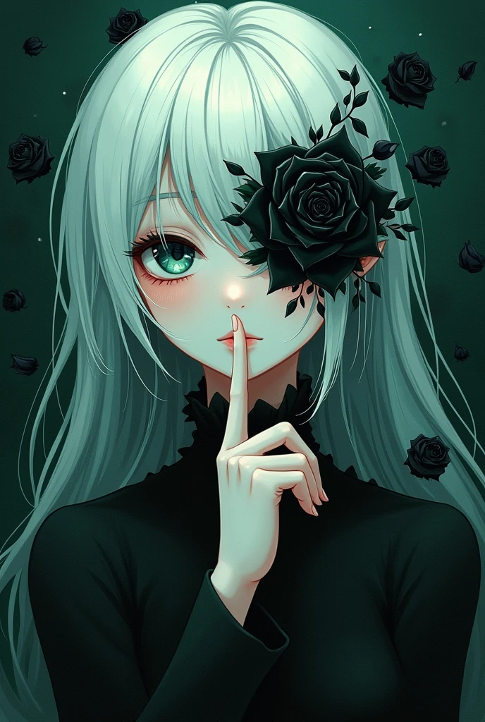 An Acrylic style painting that is expressive, gives it a dynamic and emotional quality. Anime art of a stylized portrait of a woman with a ethereal black and green mist surrounding her body. The mist creates a dramatic and surreal effect. A black flower, that is blooming, covering one eye, attached to the face. The woman has a cold aesthetic, complimented by her white hair. Anime art of woman draped in shadows with a lighting that enhances her unique features.
The background is dark green, filled with black rose petals.
Holding finger to lips, shush, shushing motion,