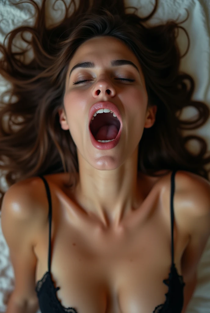 realisitic, brunette woman, beautiful mouth, Focus on mouth, sexly, lamber,, orgasming, the eyes are slightly open, the eyes are crooked between the eyebrows in ecstasy, deep neckline teasing a firm chest, 19mm lens, Top down POV of girl sitting on the floor with her mouth open,  sticky translucent gushing into your mouth,