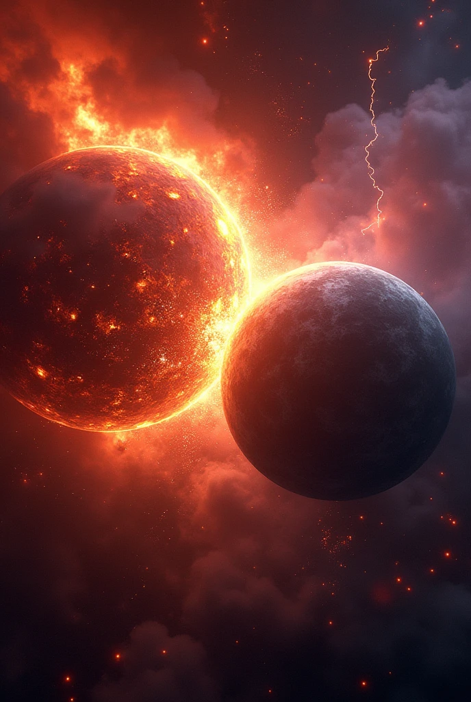 Imagine the cataclysmic moment when two massive planets collide in the cold expanse of space. The collision is a cosmic ballet of destruction and creation, where the forces of nature unleash their full power. As the planets approach each other, the skies above them are lit with a blinding array of colors—fiery reds, intense oranges, and deep purples—created by the immense friction and energy between the two colossal bodies.
In the instant of impact, a shockwave of unimaginable force ripples through the surrounding space, sending out rings of glowing debris that scatter in all directions. The surfaces of the planets crack and splinter, with molten rivers of magma spewing forth, illuminating the dark void with a hellish glow. Massive chunks of the planets' crusts are torn away, spiraling into the distance as blazing meteor showers.
At the core of the collision, the planets begin to merge, their atmospheres boiling away in violent swirls of gas and dust. Lightning crackles across the churning mass, flashing with brilliant intensity, as if the very fabric of reality is being torn apart. The gravitational forces pull at the debris, forming a swirling vortex of glowing material that spirals around the merging cores.
Amidst the chaos, the combined energy of the collision ignites a spectacular display of light—a supernova-like burst that sends out waves of radiant energy across the cosmos. The light from the collision reflects off distant celestial bodies, creating a mesmerizing display of cosmic fireworks that can be seen for light-years.
In the aftermath of the collision, the two planets begin to coalesce into a single, larger body, still glowing from the intense heat of the impact. The newly formed planet is a chaotic mix of molten rock, glowing with a fiery brilliance, and clouds of gas and dust that slowly settle into a new atmosphere. The remnants of the collision continue to drift in the void, slowly coalescing into rings or moons, marking the birth of a new cele