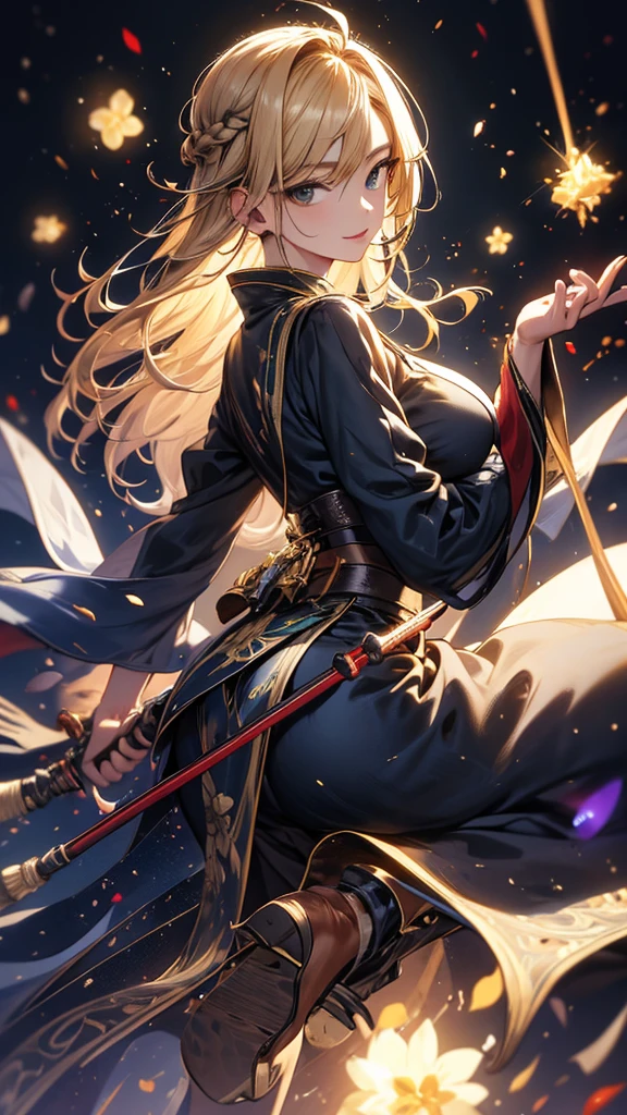 masterpiece, high quality, 4K, Beautiful design, silhouette，blonde， 非常に詳細な夜のStarry Sky,World of Time， wonderful, Finer details,  Very knowledgeable woman, Highly detailed solo, 1 female,Big Breasts，Butt Emphasis，High-neck dress，No sleeve，Night view，Starry Sky，full moon，How to sit，firework，