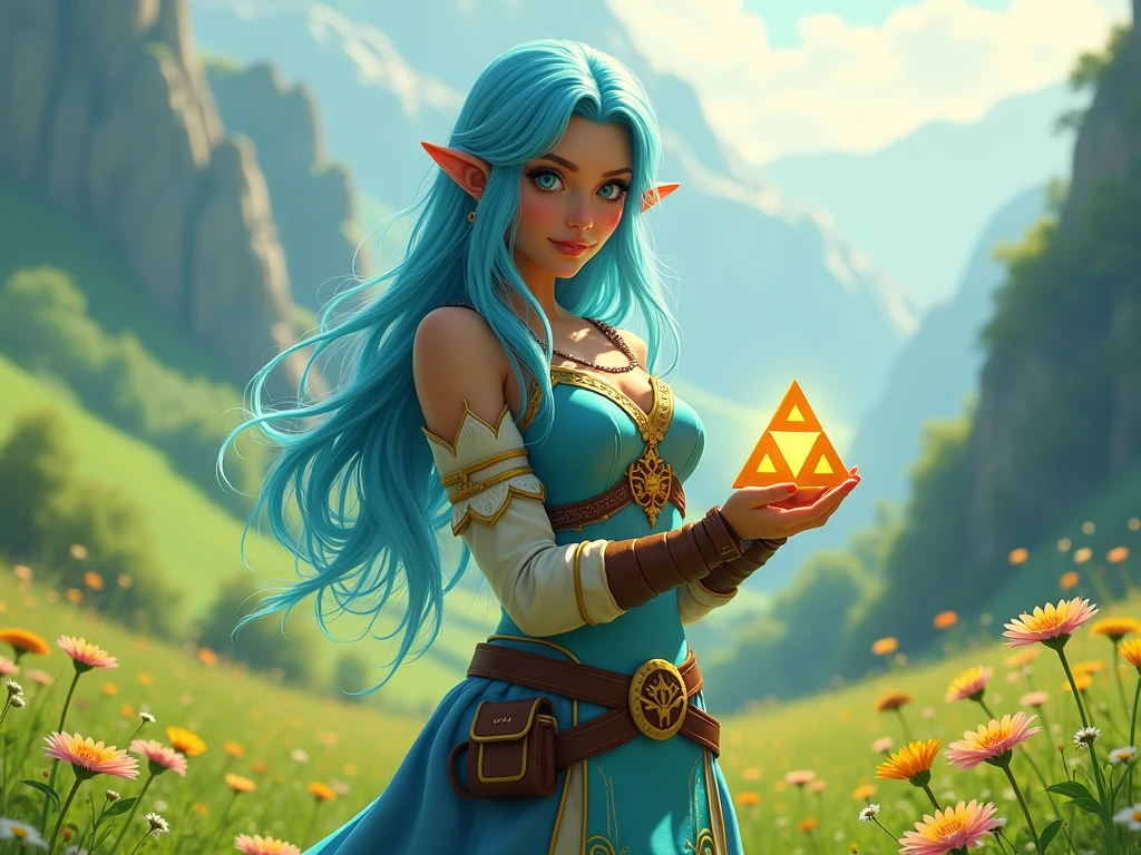 beautiful biracial latina woman, long light blue hair, light blue eyes,large breasts, wear zelda cosplay, in a valley, look and hold the brigjt triforce, extremely detailed full body ,Résolution Haute, 