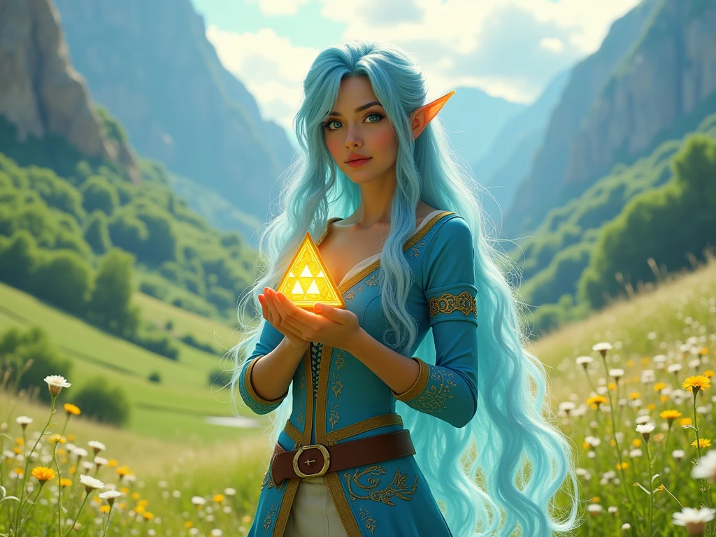 beautiful biracial latina woman, long light blue hair, light blue eyes,large breasts, wear zelda cosplay, in a valley, look and hold the brigjt triforce, extremely detailed full body ,Résolution Haute,