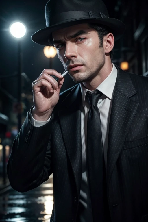 detailed description for creating a 50s detective with an evil appearance:
Detective Description:
The detective has a lined, stern face., with expression lines that indicate a hard life full of conflicts.
Your gaze is penetrating, with thick, arched eyebrows that give a constant expression of distrust.
He wears a dark fedora hat, slightly leaning forward, creating a shadow over your eyes, intensifying its menacing appearance.
The detective wears a long, heavy overcoat, gray or black in color, that covers a pinstripe suit. The collar of the coat is turned up, adding to its air of mystery.
He holds a cigarette between his fingers, with smoke rising around his face, further accentuating its dark aura.
His jaw is square and firm., and he sports a thin scar that runs across one of his cheeks, perhaps a reminder of a violent past.
Your lips are almost always in a straight line, but when you smile, it's a cynical and cold smile, without a trace of humor or kindness.
No fundo, the scene is on a dark, damp street, with neon signs reflecting in the puddles, complementing the typical noir style of the 1950s.
This description captures the essence of a tough, badass detective., typical of 50s noir stories.