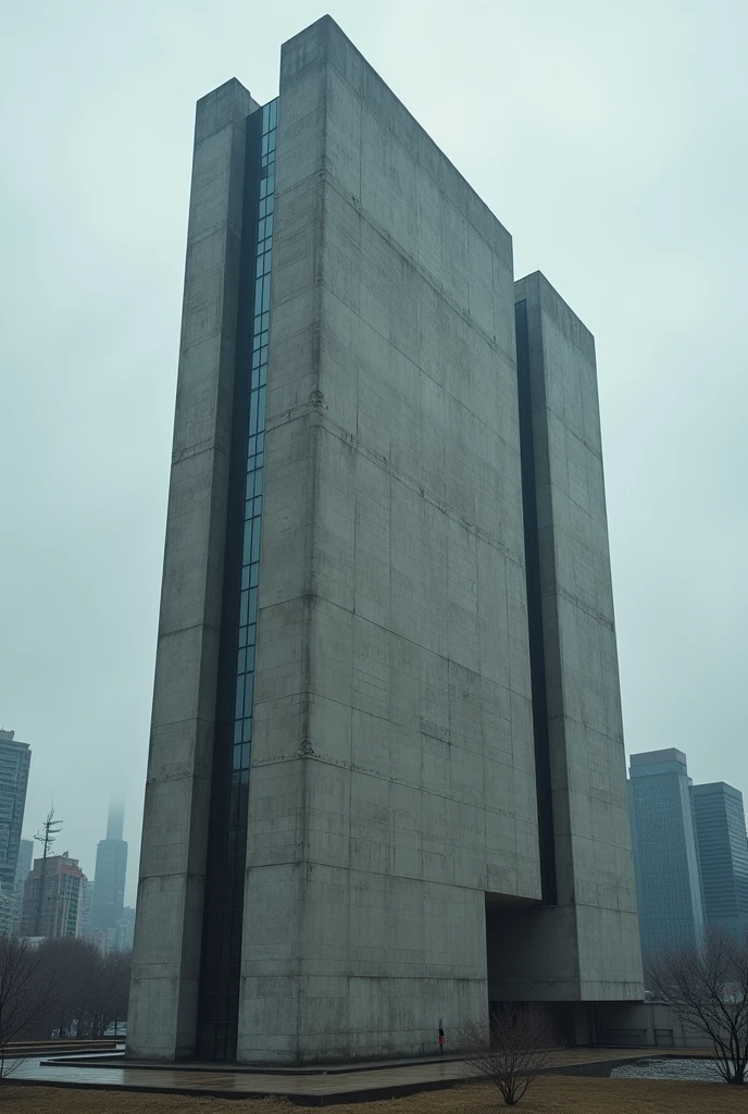 Photorealistic brutalism basic shape building shape with concrete and little glass on its facade. Looks strong and powerfull

