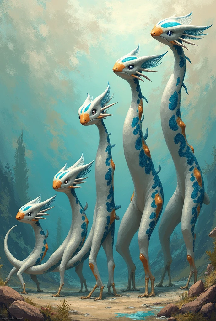 Drawing of an evolutionary grid of a water and ground type Pokemon, inspired by a polypterus senegalus, in light gray color, with blue and brown details, without legs