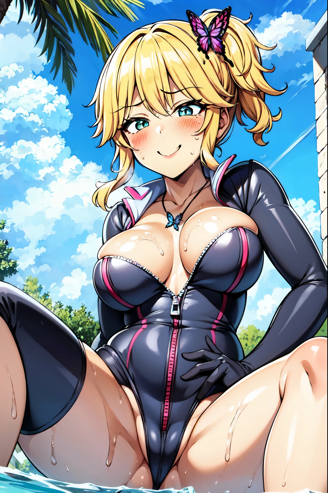 （（super high quality,Ultra-high resolution,16K,super masterpiece,Ultra HD,Ultra high definition,））One Girl,A bright and shiny pink wetsuit,Zipper opening from neck to crotch,Large collar,Tight collar,popped collar,Butterfly shaped light blue necklace,Looking at the camera,Provocative smile,blush,Leaning forward greatly,,Spread your legs,Sweaty all over,Top-down angle,a blue sky with clouds and sun,A lot of water splashing from below,