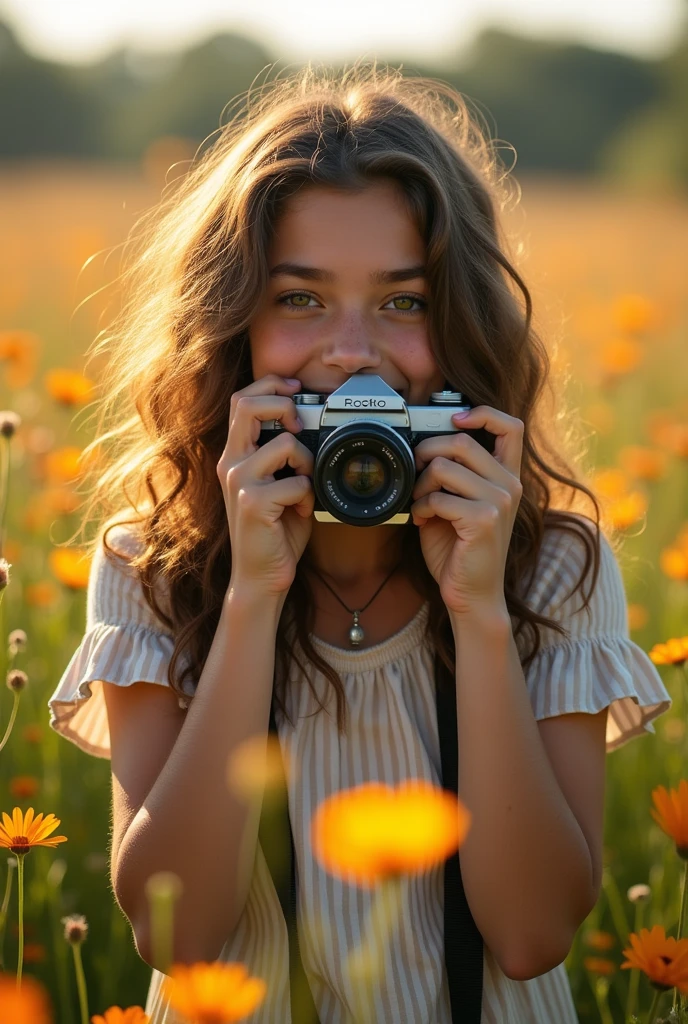 A girl photographer, with medium brown eyes,brown wavy hair,
