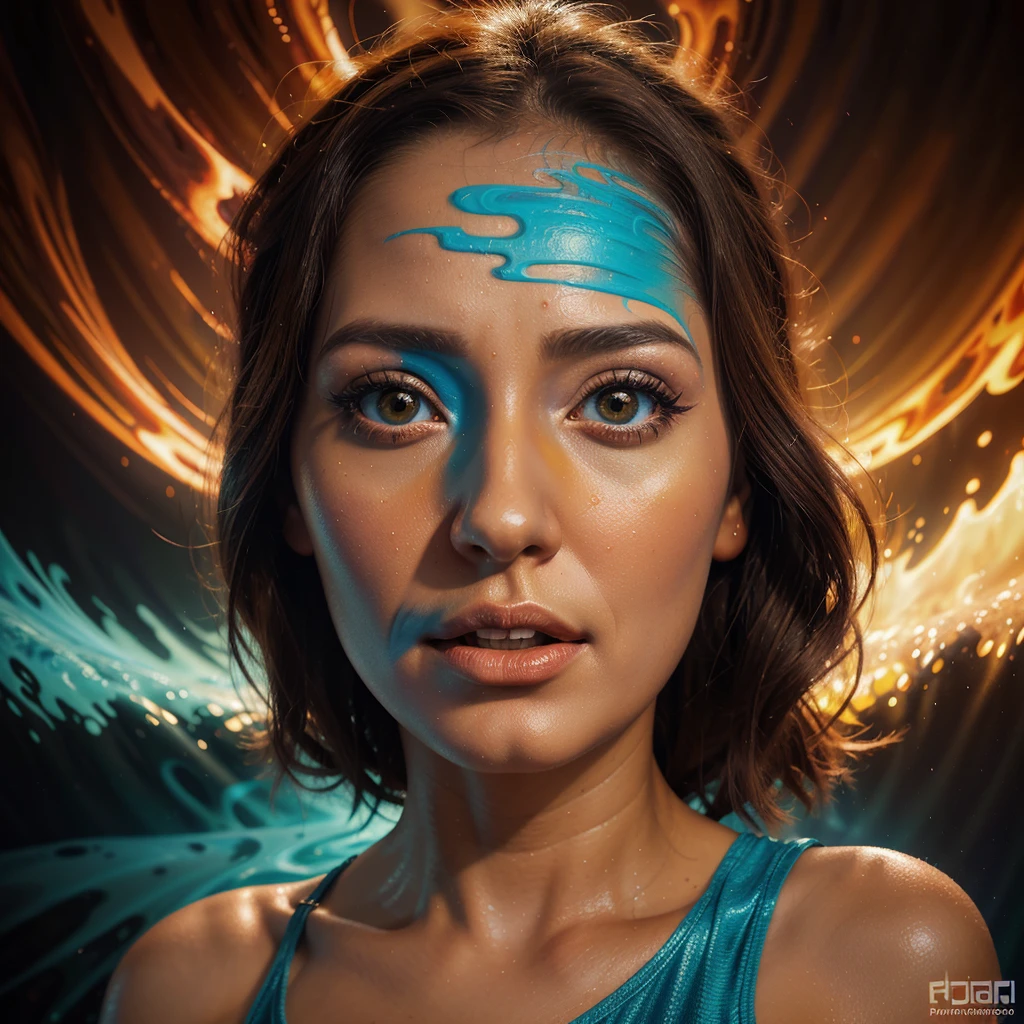 a digital painting of a woman's face, a surrealist painting, by Cyril Rolando, trending on zbrush central, psychedelic art, red sun over paradise, pj crook, emerging from blue fire, abstract 3 d artwork, multicolored vector art, blind, by james jean, oil paintings
