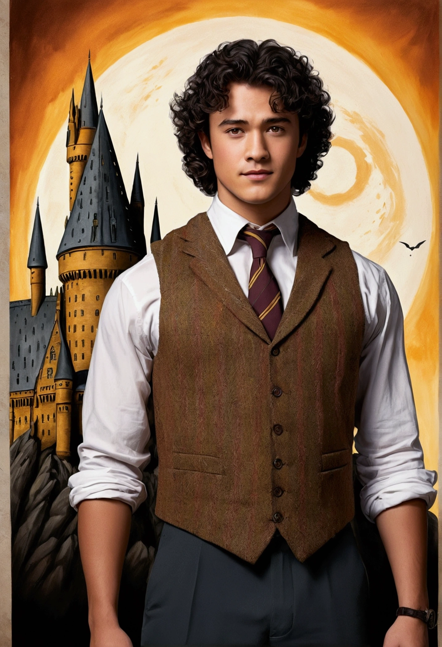 An illustrated movie poster, hand-drawn, full color, a Hogwarts Professor, 25 years old, male, brown eyes, brown-black hair, voluminous curly mane, suntan complexion, medium height, broad shoulders, stocky frame, muscular, rugged scruffy appearance, lots of body hair, resembles Gavin Leatherwood, wearing a tweed vest and slacks, standing in front of the Hogwarts castle, hard shadows, graphite shading, stencil marks, airbrushed acrylic paint, masterpiece, in the style of the Deathly Hallows