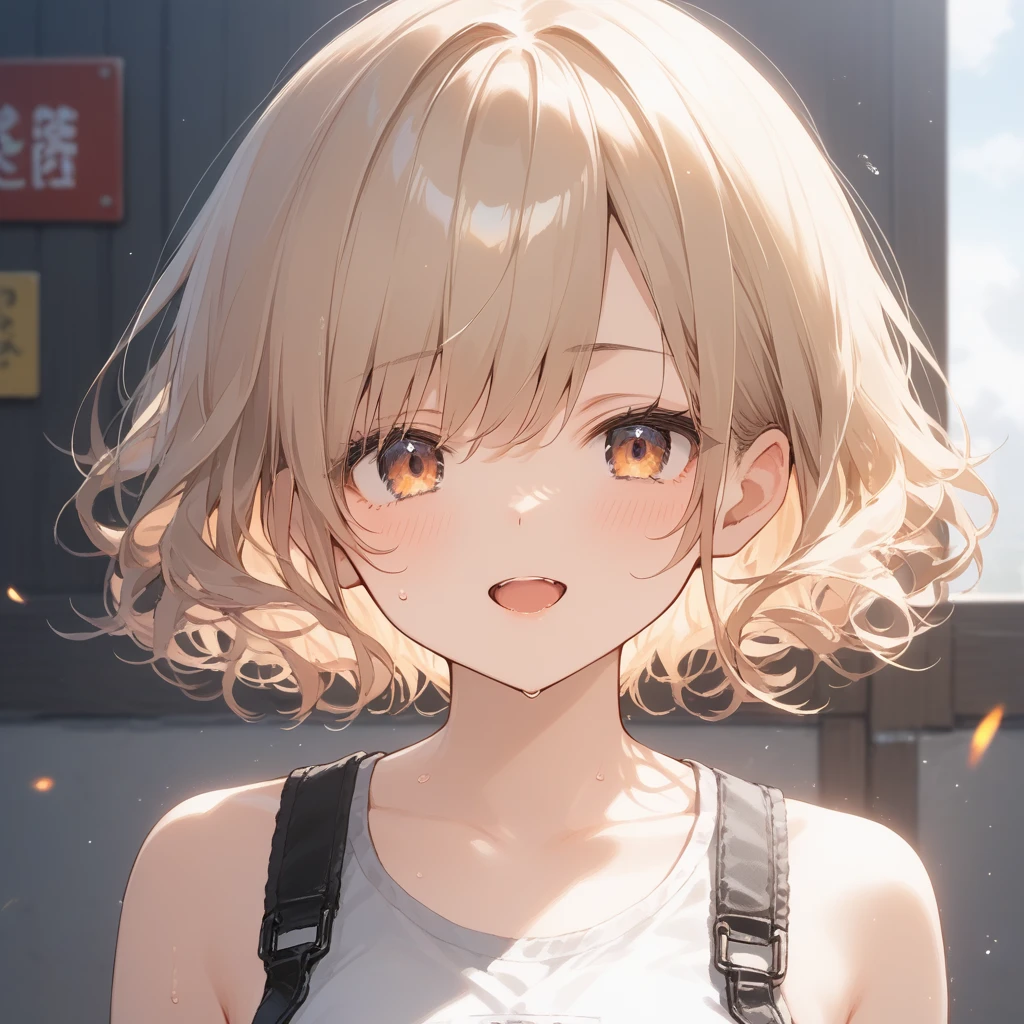 score_9, score_8_up, score_7_up, source_anime, best quality, masterpiece, official art, absurdres, highres, ultra-detailed,waifu2x,Collection: Slice of Life,break,1girl, short hair, pixie cut, curly hair, small breasts, beautiful (well-shaped) breasts,beautiful detailed eyes, sweat, gym shorts, (wavy mouth:0.3), open mouth, outdoors, (Detailed Lighting), (Detailed background),break,(clear line illustration:1.2), super detailed skin,very high resolution, very aesthetic, Best sexual lighting powered by famous artist, 8k, 16k, cute picture,beauty illustration,photoshop_(medium),,(Detailed Lighting),best anime 8k konachan wallpaper, pixiv contest winner,