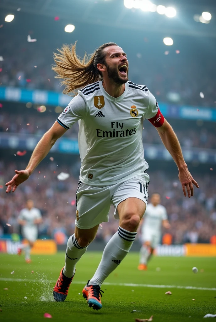 an image of Gareth Bale running with his arms outstretched and his long hair and red captain&#39;s armband celebrating after scoring in the 2018 ucl final