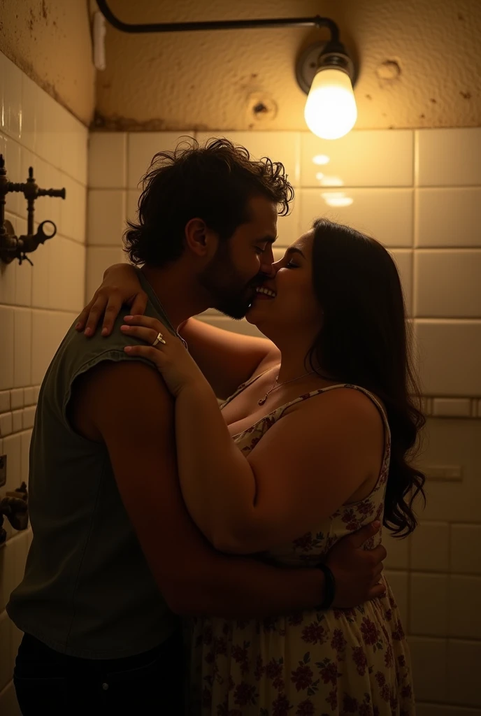 man kissing a very fat woman in a dark bathroom