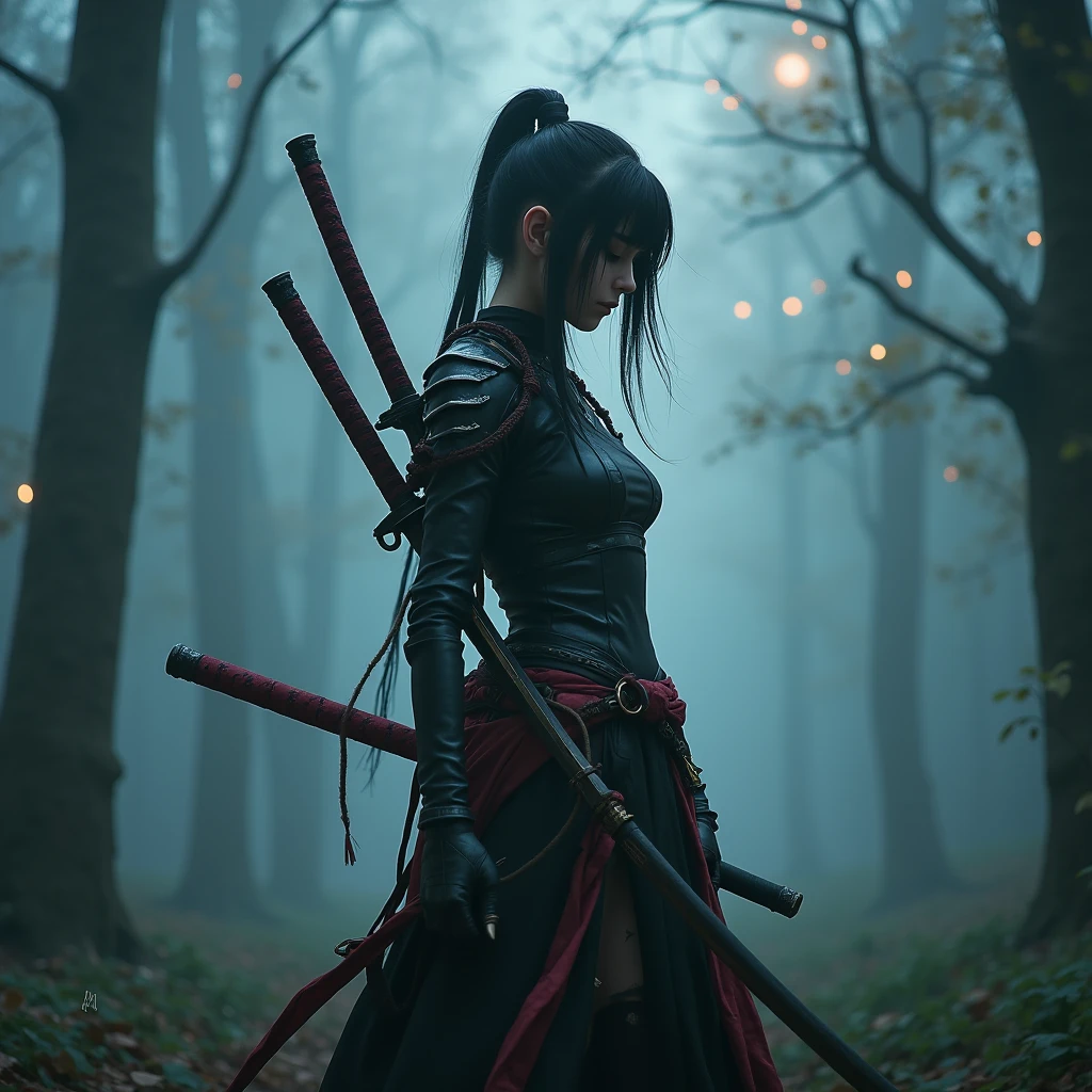 a woman with two sword, Katana Zero video game character, female protagonist Official character illustrations, female assassin, dramatic katana pose, Knights, female anime character, katanas strapped to her back, samurai, 2b, unsheathing her katana, Female action anime girl, witcher