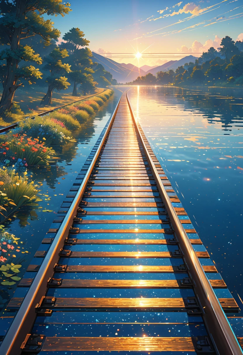 score_9, score_8_upper, score_7_upper,A train running on water,Large Lake,Sunken rail,(((Angle from the front))),One-point perspective,(((Blue overall color))),summer,horizontal line,Morning Glow,Starry Sky,Streaks of Light,(masterpiece, Highest quality, Highest quality, Official Art, beautifull, beautiful:1.2,Ray Tracing),Very detailed,Blue tones,Very detailed, (Fractal Art:1.3), Most detailed, High resolution, Impressive visuals, (Dynamic Stripes, Light trail:1.2), Vibrant colors ,Detailed Images
